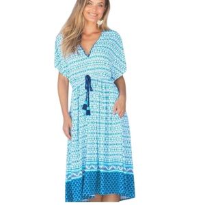 Cabana‎ Life Tie Waist Blue Pattern Midi Swim Cover-Up or Casual Dress Sz S/M